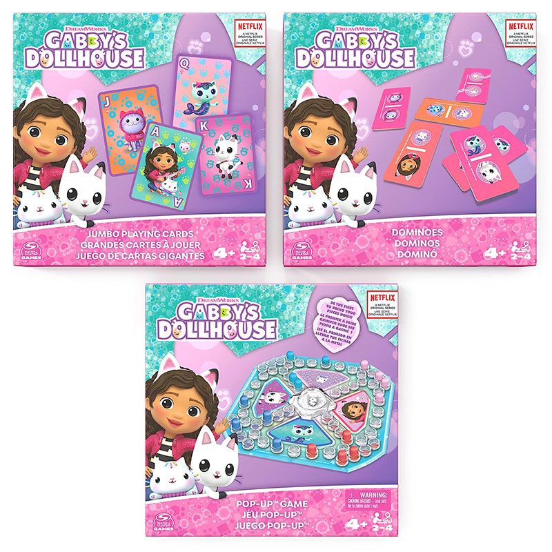 Детски комплект настолни игри 3-в-1 Zynora Gabby’s Dollhouse – Лицензирана семейна селекция с „Не се сърди човече“, Домино и Джъмбо карти (4+ години)