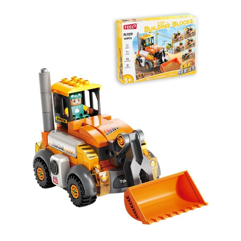Детски образователен конструктор 6в1 Feelo Construction Vehicles – Трансформиращи се строителни машини, мега робот и детска отвертка (141 едри части)