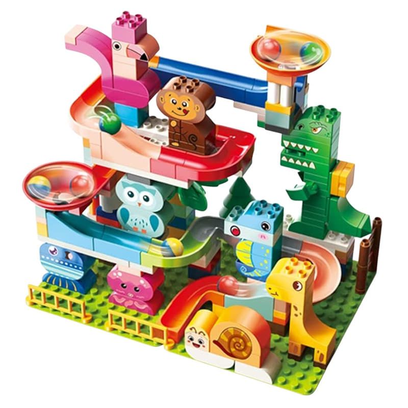 Детски образователен конструктор Feelo Animal Party Slide – Голяма писта за топчета с животни и въртящи се елементи (211 части)