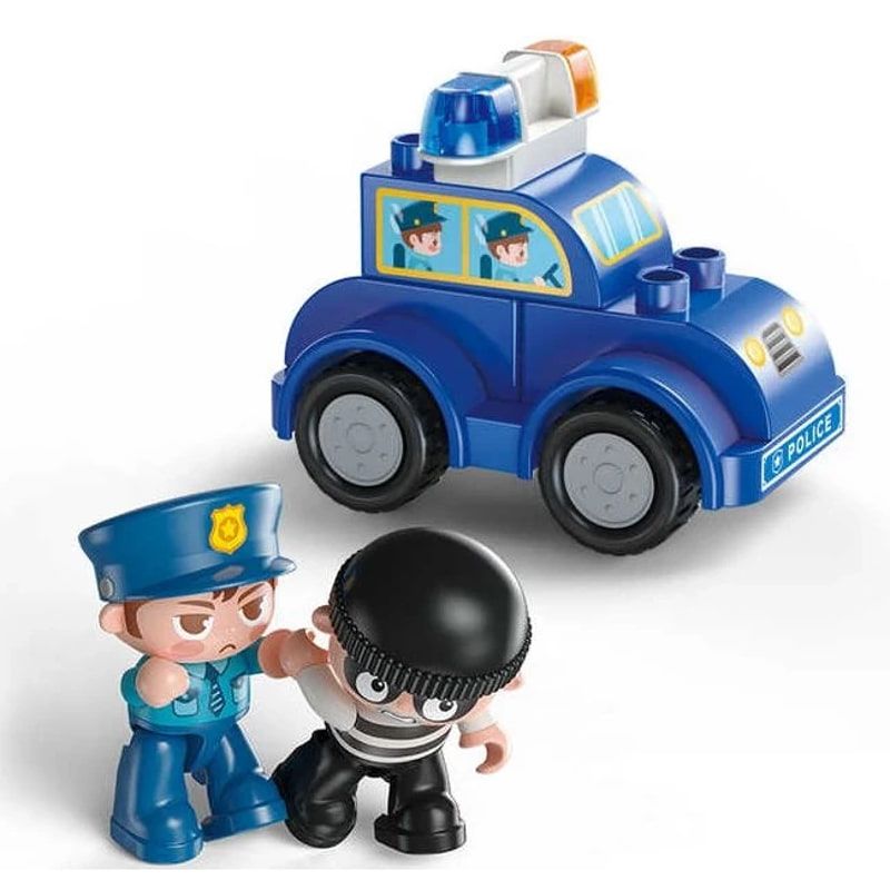 Детски образователен конструктор Feelo City Series Mini Police Station – Полицейски участък с патрулна кола и фигурки на полицай и престъпник (63 големи части)