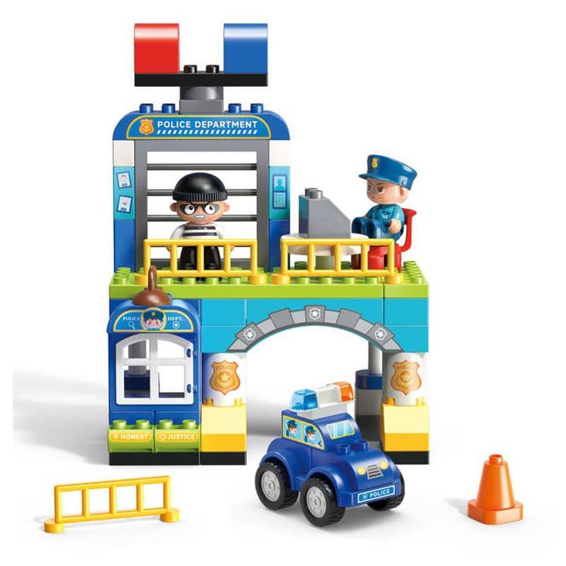 Детски образователен конструктор Feelo City Series Mini Police Station – Полицейски участък с патрулна кола и фигурки на полицай и престъпник (63 големи части)