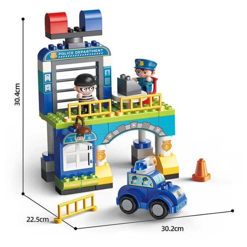 Детски образователен конструктор Feelo City Series Mini Police Station – Полицейски участък с патрулна кола и фигурки на полицай и престъпник (63 големи части)