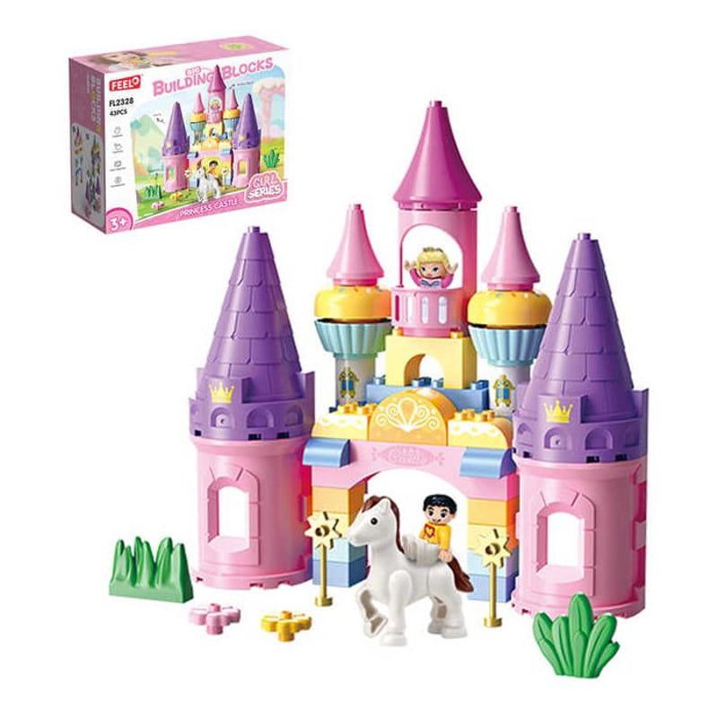 Детски образователен конструктор Feelo Princess Castle – Приказен замък с фигурки на принцеса, принц и конче (43 големи части)