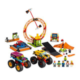 Детски образователен конструктор LEGO City Stunt Arena 60295 – Каскадьорска арена с маховичен мотоциклет и гигантски камиони (668 части)