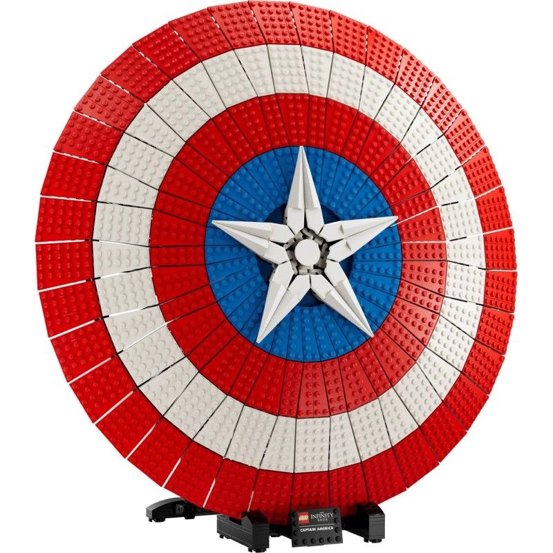 Колекционерски конструктор LEGO Marvel Щитът на Капитан Америка 76262 – Мащабен супергеройски модел със стойка и минифигурка (3128 части)