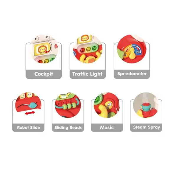 Бебешка проходилка за бутане 5 в 1 Raya Toys Музикален парен влак – Интерактивна играчка за яздене, дърпане, сортер, образователен център с истинска пара, светлини и звуци (18+ месеца)