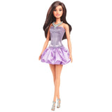 Детска модна кукла Mattel Barbie Fashionistas – Кукла с дълга кафява коса и бляскава лилава рокля (29 см)