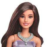 Детска модна кукла Mattel Barbie Fashionistas – Кукла с дълга кафява коса и бляскава лилава рокля (29 см)