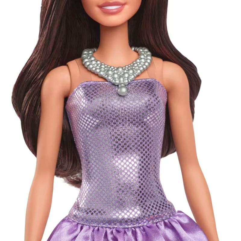 Детска модна кукла Mattel Barbie Fashionistas – Кукла с дълга кафява коса и бляскава лилава рокля (29 см)