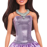 Детска модна кукла Mattel Barbie Fashionistas – Кукла с дълга кафява коса и бляскава лилава рокля (29 см)