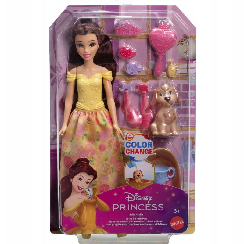Детски игрален комплект Disney Princess Бел (Belle) с кученце за баня и Color Change ефект