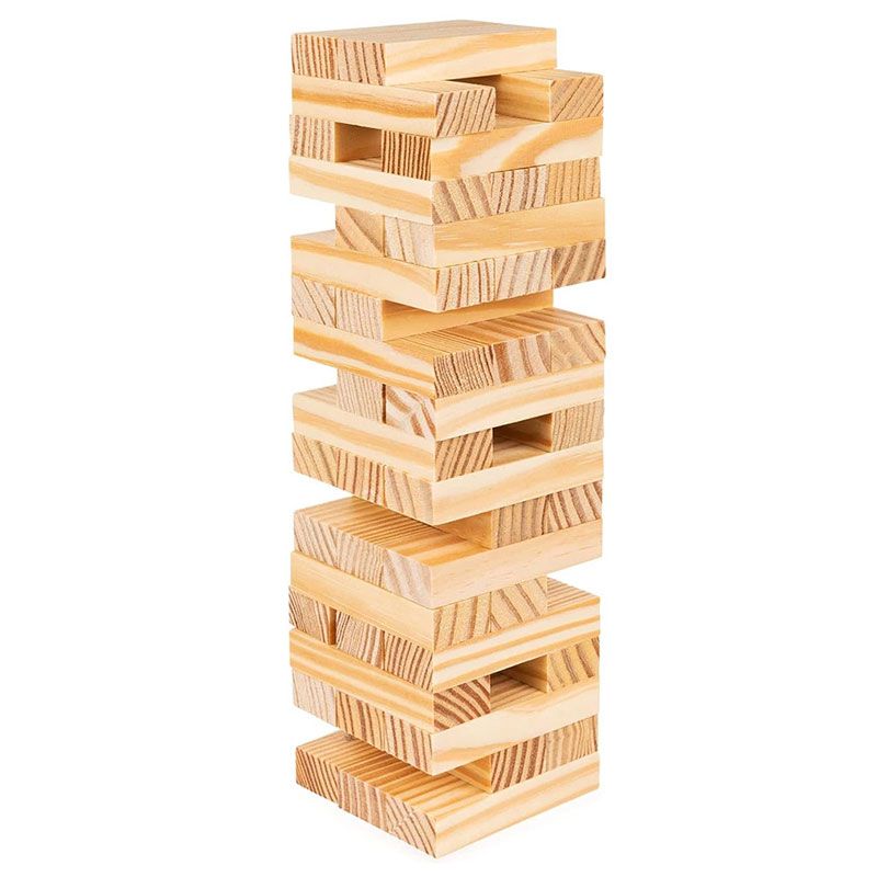 Дървена кула за баланс Zynora Jumbling Tower – Класическа настолна игра за сръчност и концентрация тип Дженга с 54 дървени блокчета (6+ години)