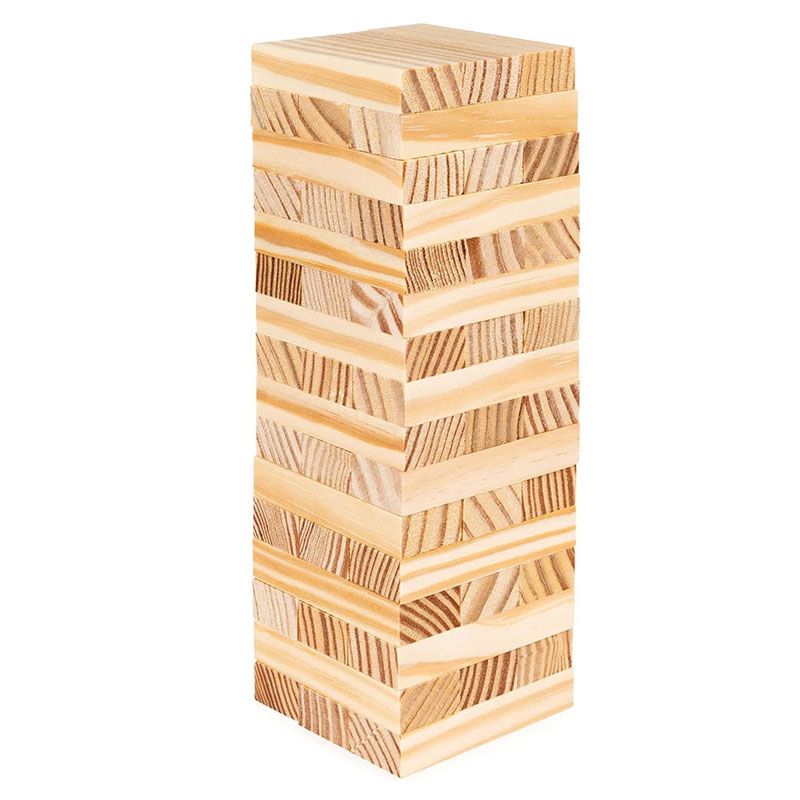 Дървена кула за баланс Zynora Jumbling Tower – Класическа настолна игра за сръчност и концентрация тип Дженга с 54 дървени блокчета (6+ години)