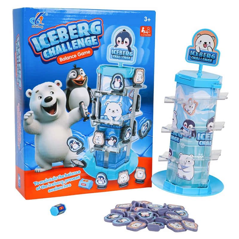 Интерактивна семейна игра за баланс Zynora Iceberg Challenge – Антистрес настолна игра с полярни животни, рулетка и механизъм за лавина (3 години +)