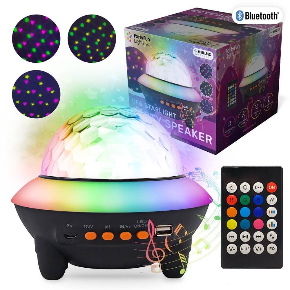 Парти Bluetooth високоговорител UFO със светлинни ефекти Zynora UFO Light Show – Преносима тонколона с диско проектор, 2000 mAh батерия, USB и дистанционно управление