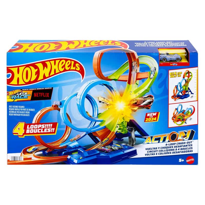 Детска писта Hot Wheels Action: 4-Loop Crash-Out – Епичен комплект с 4 лупинга, зона за сблъсък и количка от поредицата Let's Race по Netflix (5+ години)