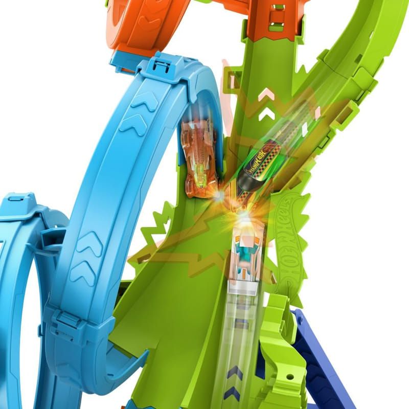 Детска писта Hot Wheels Action: 4-Loop Crash-Out – Епичен комплект с 4 лупинга, зона за сблъсък и количка от поредицата Let's Race по Netflix (5+ години)
