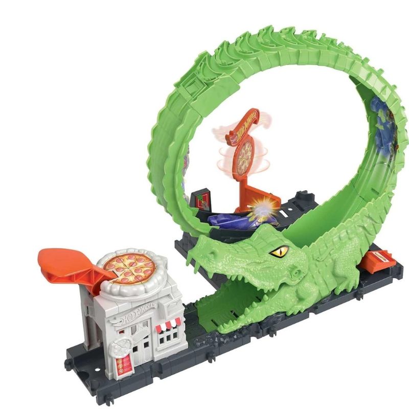 Детски комплект Hot Wheels City: Gator Loop Attack – Интерактивна писта с атака на алигатор, регулируема опашка, въртяща се пица и количка (4+ години)
