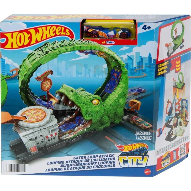 Детски комплект Hot Wheels City: Gator Loop Attack – Интерактивна писта с атака на алигатор, регулируема опашка, въртяща се пица и количка (4+ години)