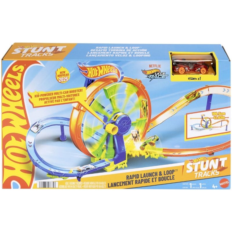 Детска писта Hot Wheels Action: Rapid Launch &amp; Loop – Преносим каскадьорски комплект с манивела, лупинг, зона за сблъсък и количка (4+ години)