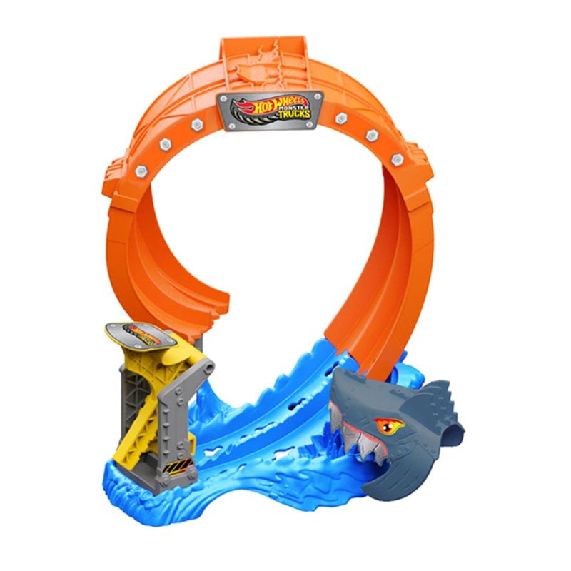Детски комплект Hot Wheels Monster Trucks: Spiral Shark Smash – Писта със спирала, гигантска акула и количка Mega-Wrex™ (3+ години)