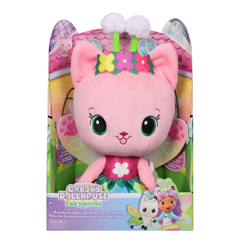Светеща интерактивна плюшена играчка Gabby's Dollhouse Коте Фея – Музикално-светлинно котенце в дъгова рокля с крилца (35 см)