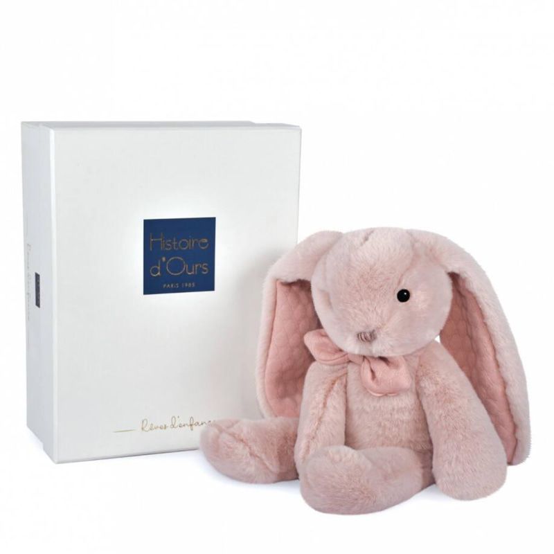 Луксозно бебешно плюшено зайче в подаръчна кутия Doudou Preppy Chic – Премиум френска играчка за гушкане с детайли от релефен джърси плат (30 см)