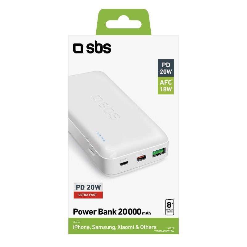 POWER BANK(ВЪНШНА БАТЕРИЯ) 20 000mAh,1xUSB C,1xUSB A,AFC SBS - WHITE