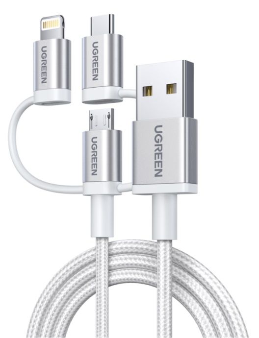КАБЕЛ USB А/USB-C+Lightining MFI, 1М UGREEN - СРЕБРИСТ