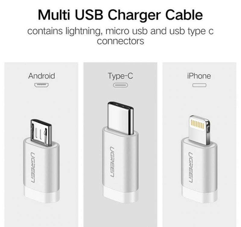 КАБЕЛ USB А/USB-C+Lightining MFI, 1М UGREEN - СРЕБРИСТ