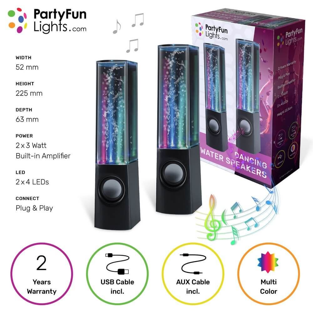 Интерактивни танцуващи водни тонколони Zynora Water Fountain LED Speakers – Комплект 2 броя аудио високоговорители с водни фонтани, цветни светлини и AUX свързаност