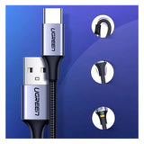 КАБЕЛ USB А / USB-C 3A,1М UGREEN - ПЛЕТЕН ЧЕРЕН