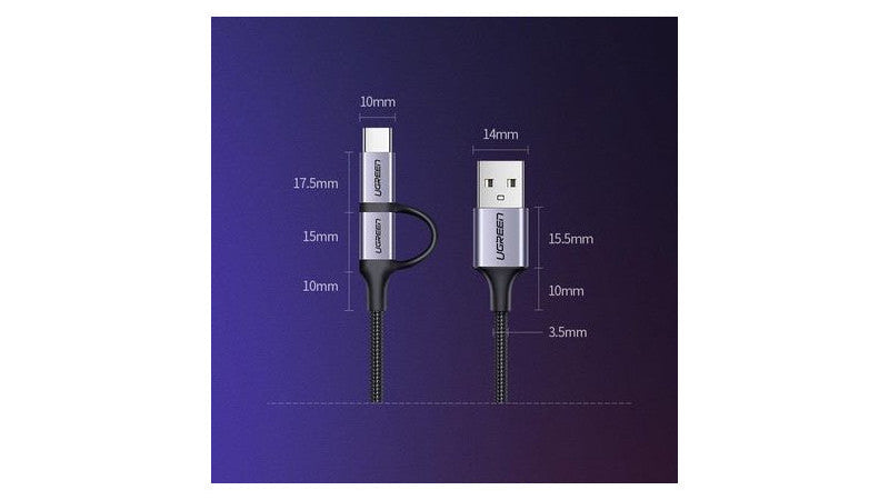 КАБЕЛ 2в1 USB А/USB MICRO+USB-C 3А,1М, UGREEN - ПЛЕТЕН ЧЕРЕН