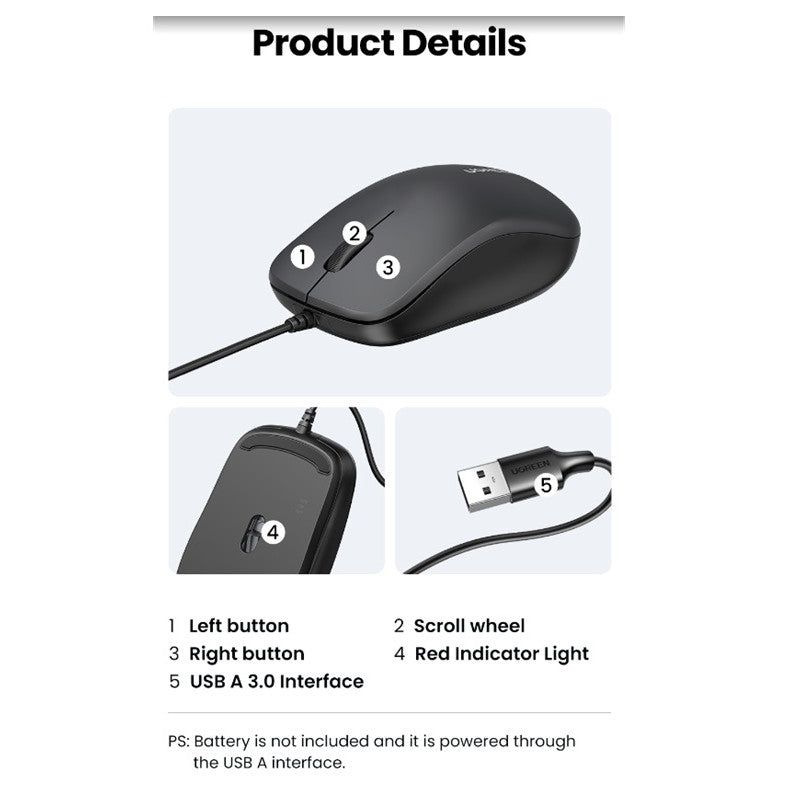 КОМПЮТЪРНА МИШКА С ДЪЛЖИНА НА КАБЕЛА 1.5m MU007 UGREEN - ЧЕРЕН