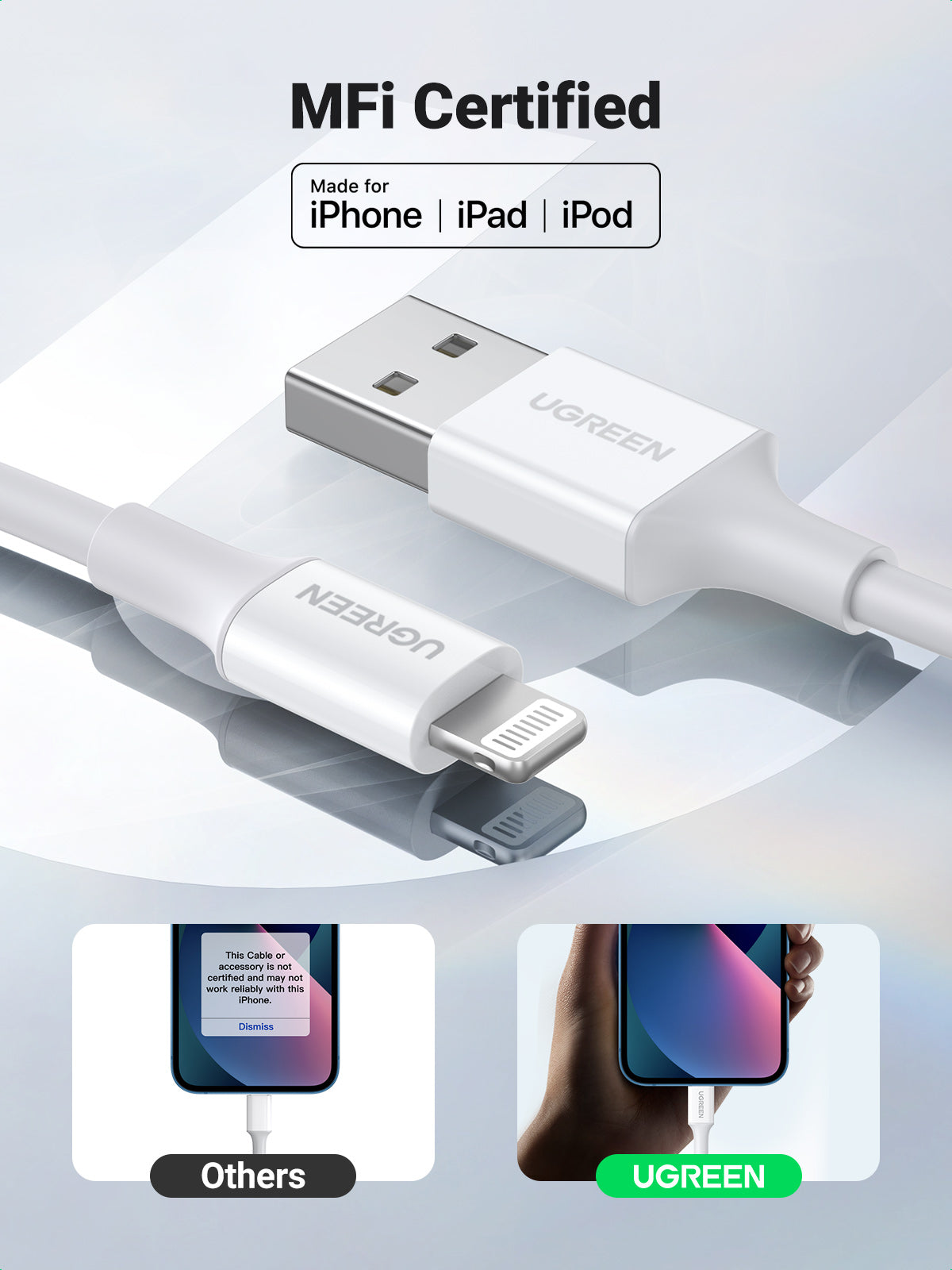 US155 КАБЕЛ USB А / Lightining MFI 2m UGREEN - БЯЛ