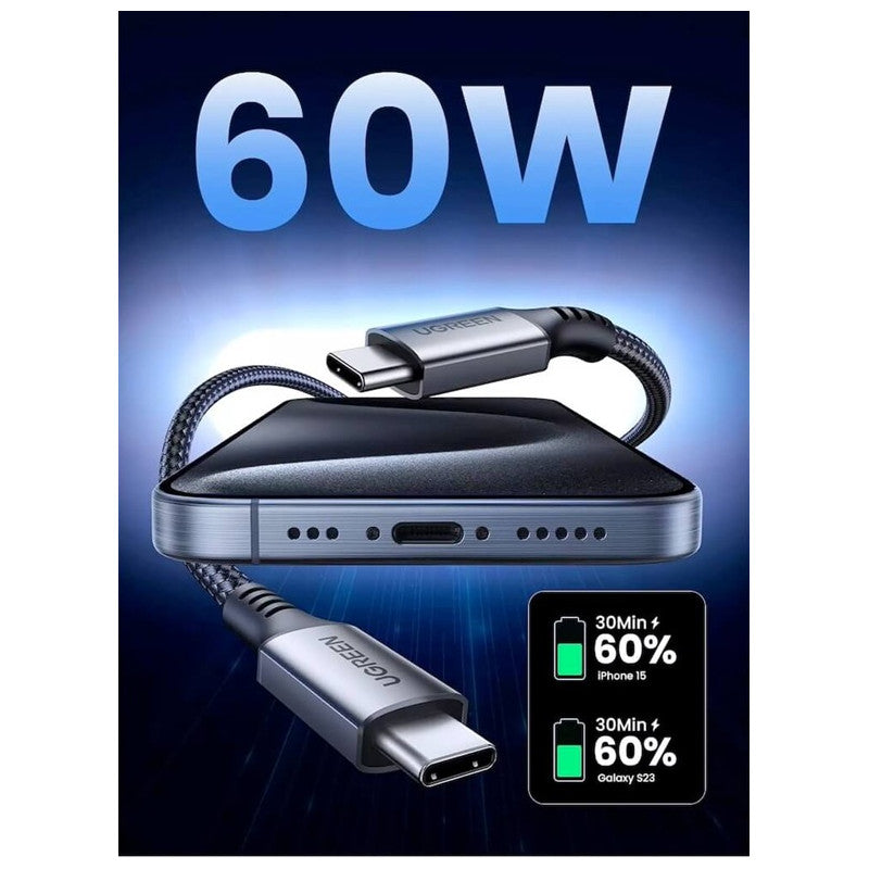 USB-C КЪМ USB-C КАБЕЛ ЗА ДАННИ И ЗАРЕЖДАНЕ – 60W 1м (US567) UGREEN - СИВ