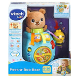 Бебешка интерактивна музикална играчка VTech Peek-a-Boo Bear – Куку-рику Мече с 4 песни, 15 мелодии, изскачащо мече и въртящи се пчелички (6–36 месеца)