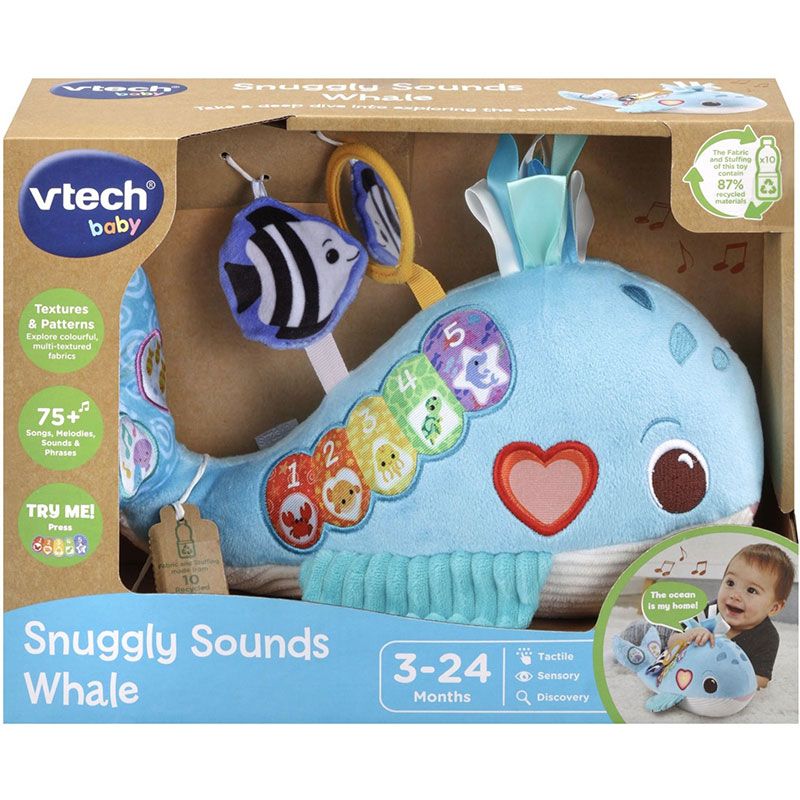 Бебешка мека интерактивна играчка VTech Snuggly Ocean Whale – Плюшен кит с пиано клавиши, 9 песни, 15 мелодии и фрази на английски език (3–24 месеца)