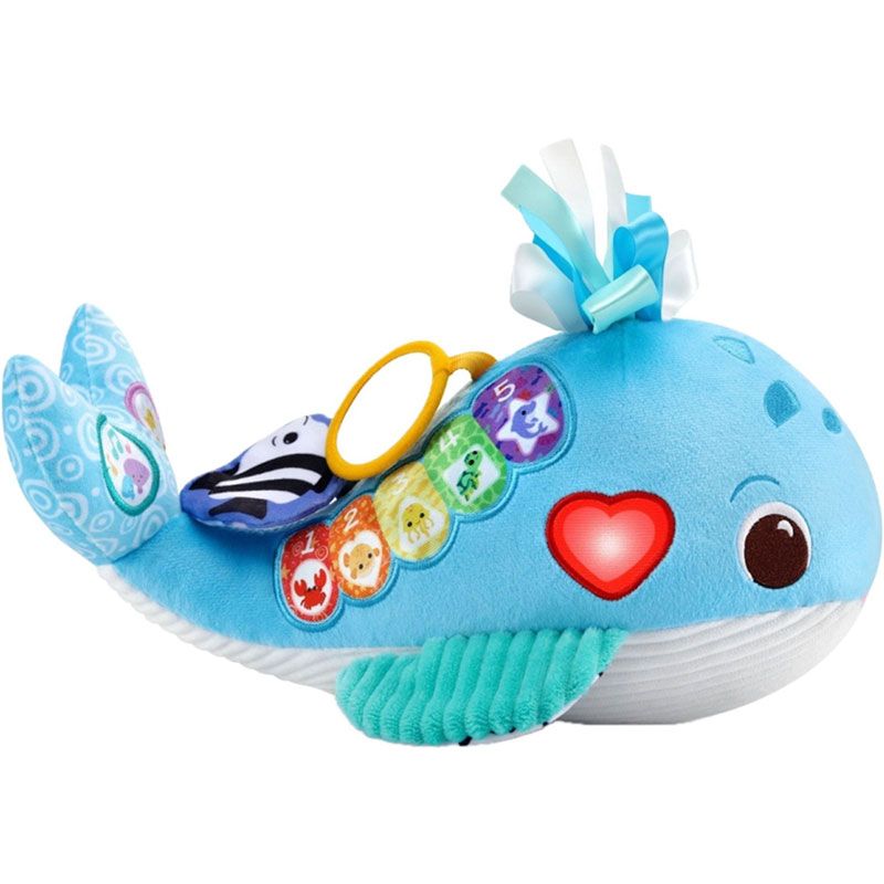 Бебешка мека интерактивна играчка VTech Snuggly Ocean Whale – Плюшен кит с пиано клавиши, 9 песни, 15 мелодии и фрази на английски език (3–24 месеца)