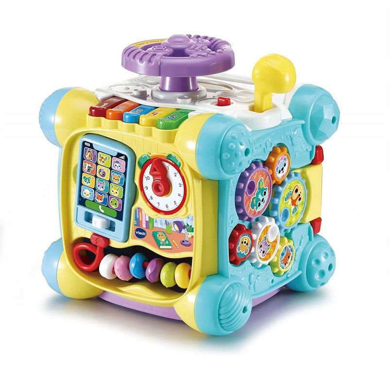 Детско интерактивно музикално кубче VTech Twist &amp; Play – Занимателен активен център с 5 песни, 15 мелодии, сортер, волан и слушалка (9–36 месеца)