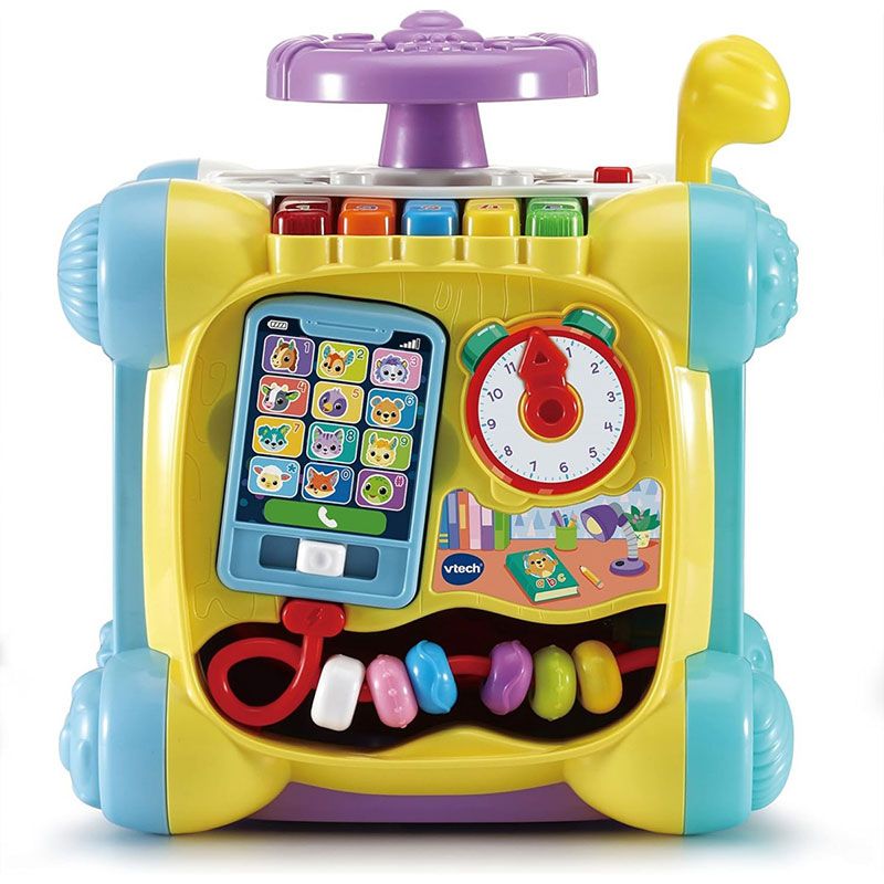 Детско интерактивно музикално кубче VTech Twist &amp; Play – Занимателен активен център с 5 песни, 15 мелодии, сортер, волан и слушалка (9–36 месеца)